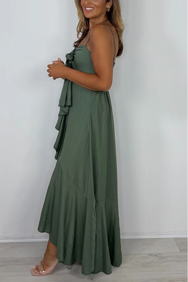 Frill Middle Tie Front Spaghetti Strap Maxi Dress