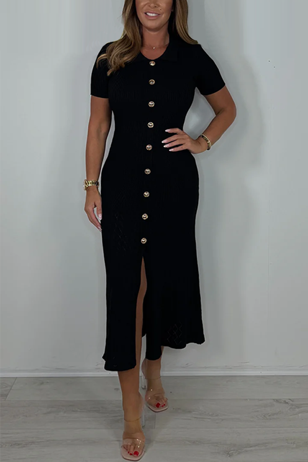Ribbed Collared Gold Button Front Split Maxi Dress