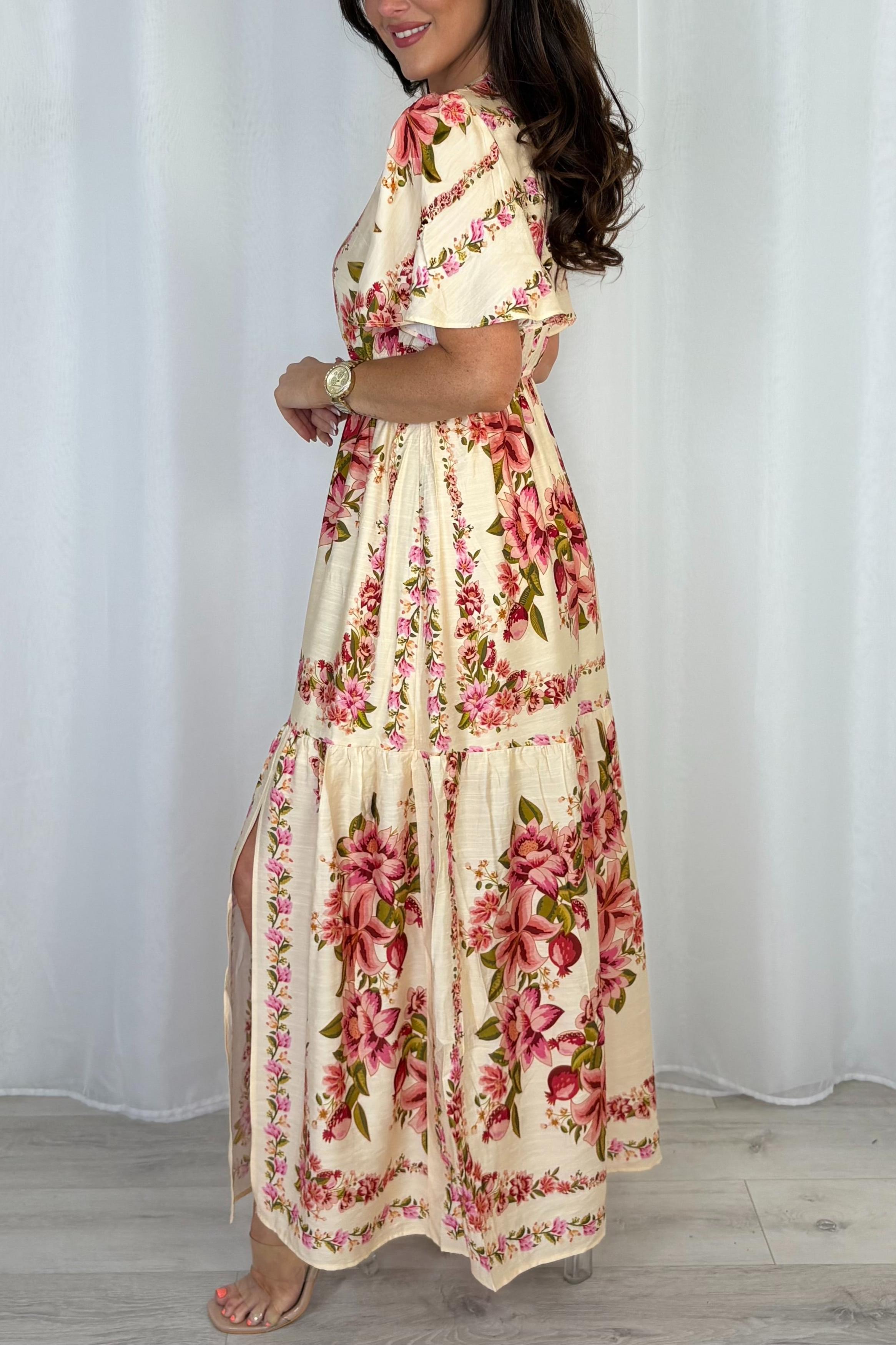 Floral Side Cut Out V-Neck Maxi Dress