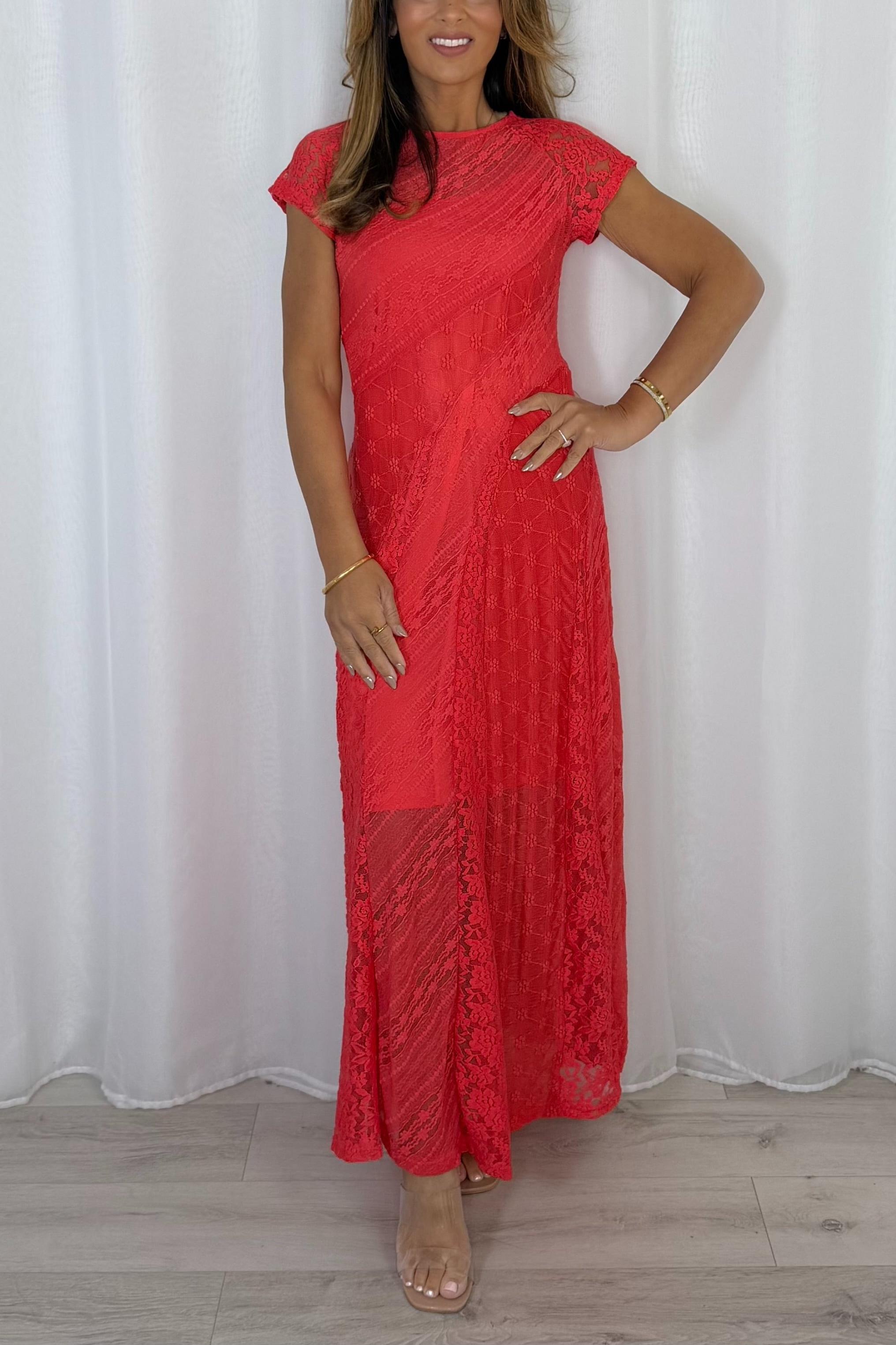 Coral Floral Lace Maxi Dress