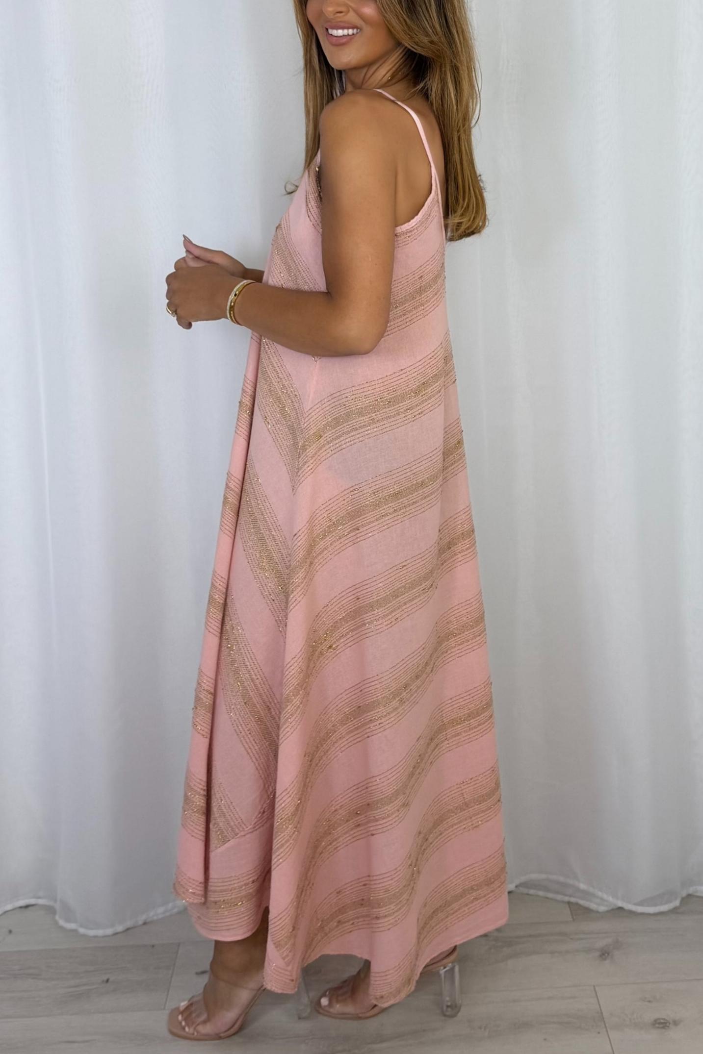 V-Neck Strap Gold Fleck Maxi Dress