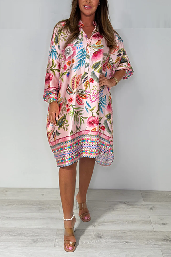 Multicoloured Flower/Leaf Print Silky Oversize Dress