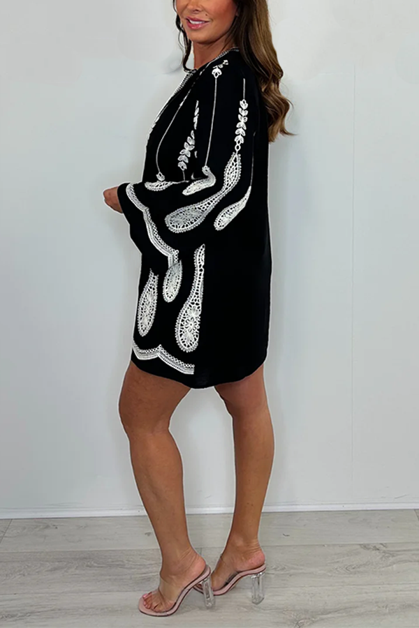 V-Neck Embroidery Tassel Detail Mini Dress