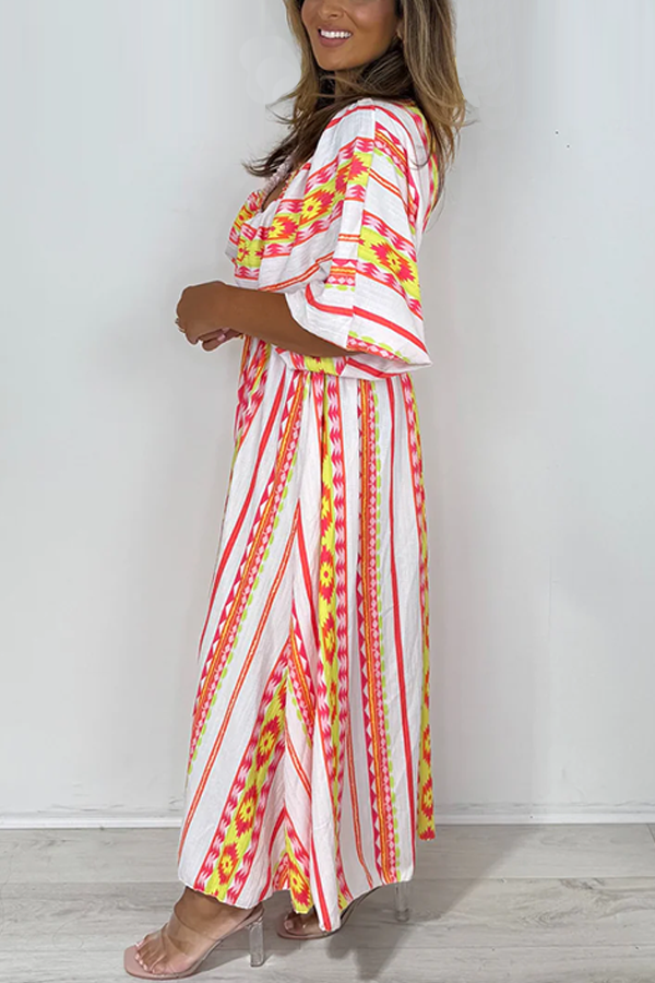 Aztec Print V-Neck Smocked Waist Dress