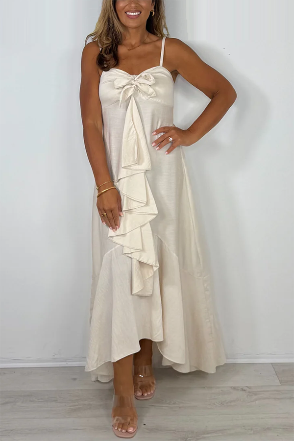 Frill Middle Tie Front Spaghetti Strap Maxi Dress