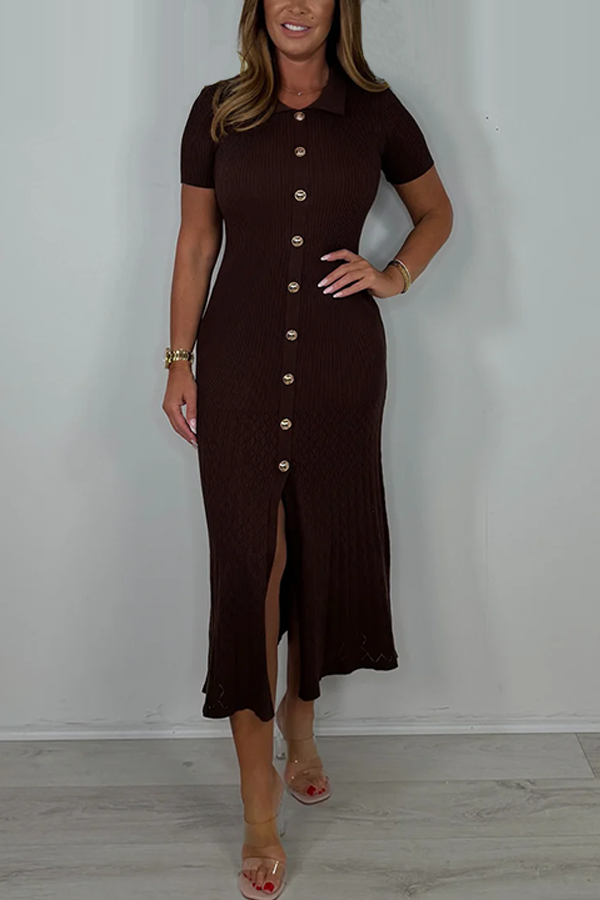Ribbed Collared Gold Button Front Split Maxi Dress
