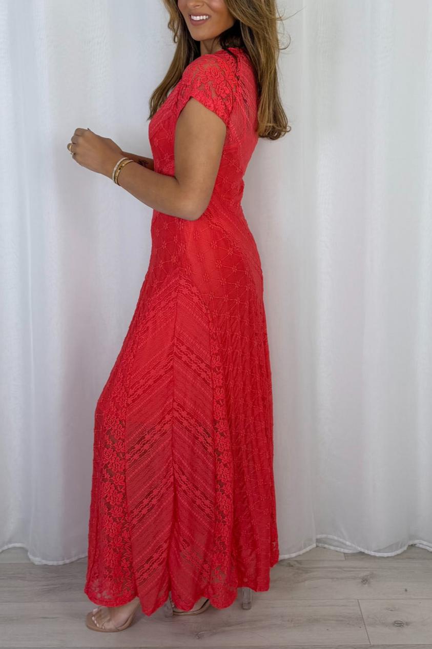 Coral Floral Lace Maxi Dress