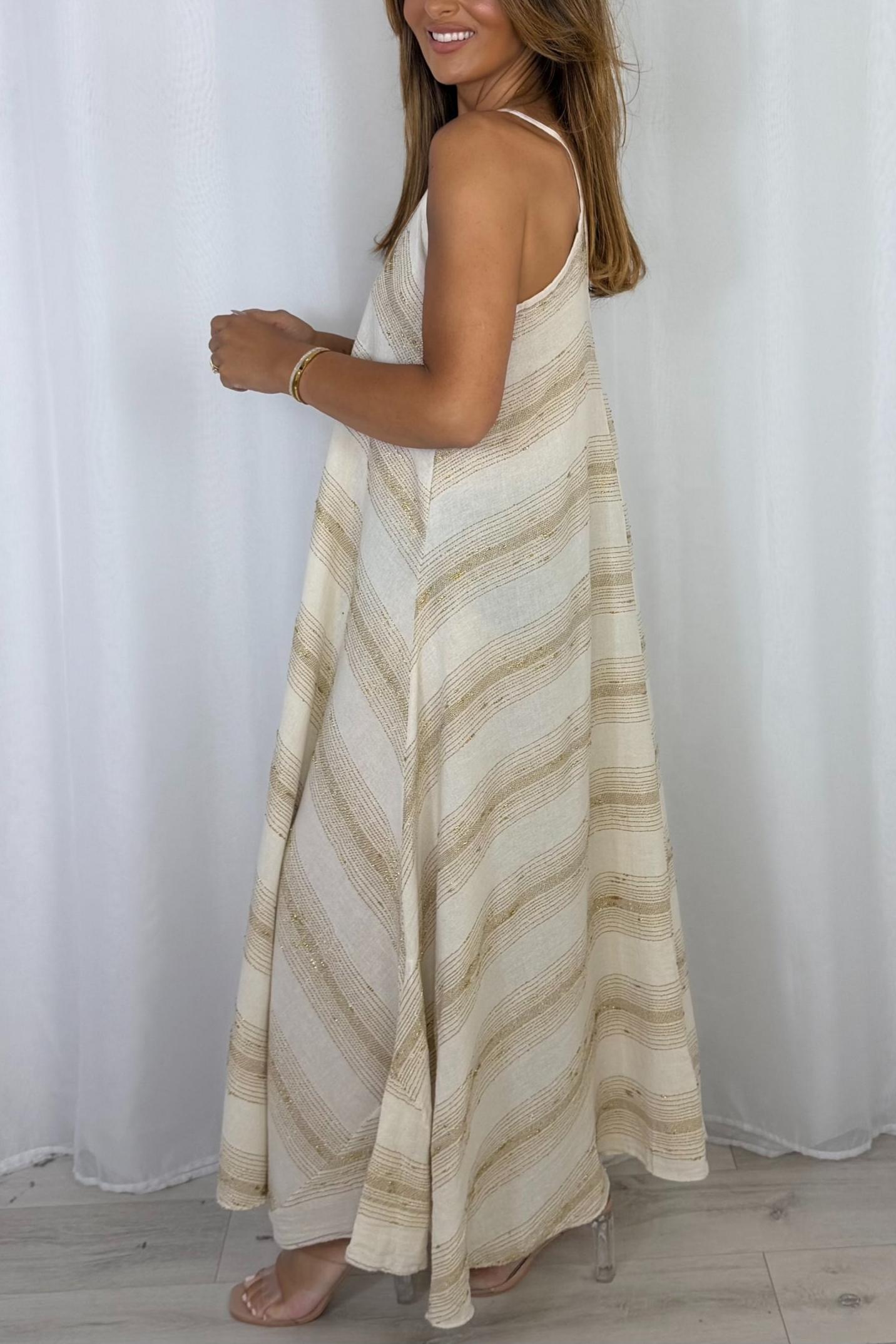 V-Neck Strap Gold Fleck Maxi Dress