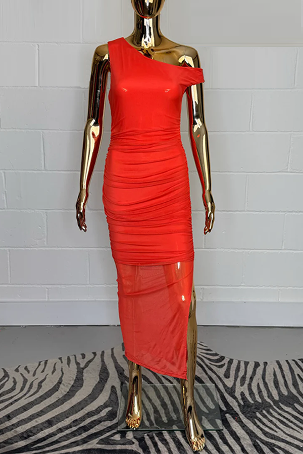 Orange Mesh Asymmetric Shoulder Midi Dress