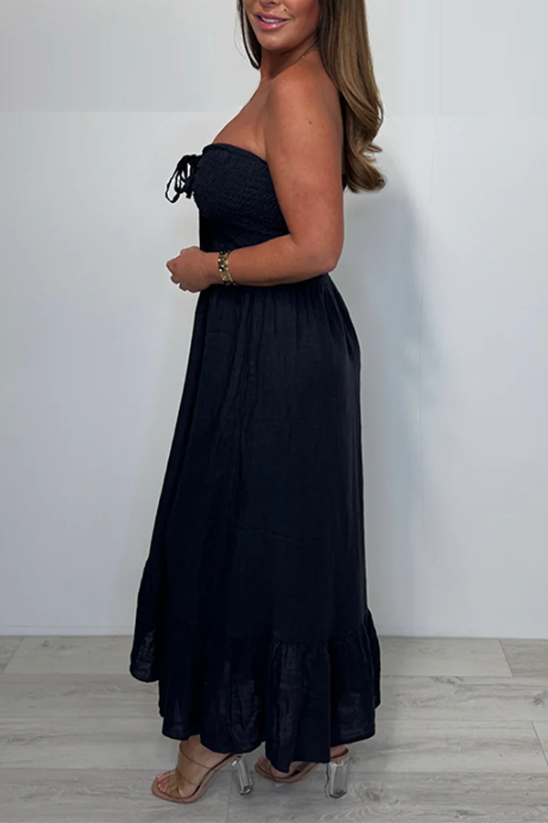 Linen Smocked Bardot Maxi Dress