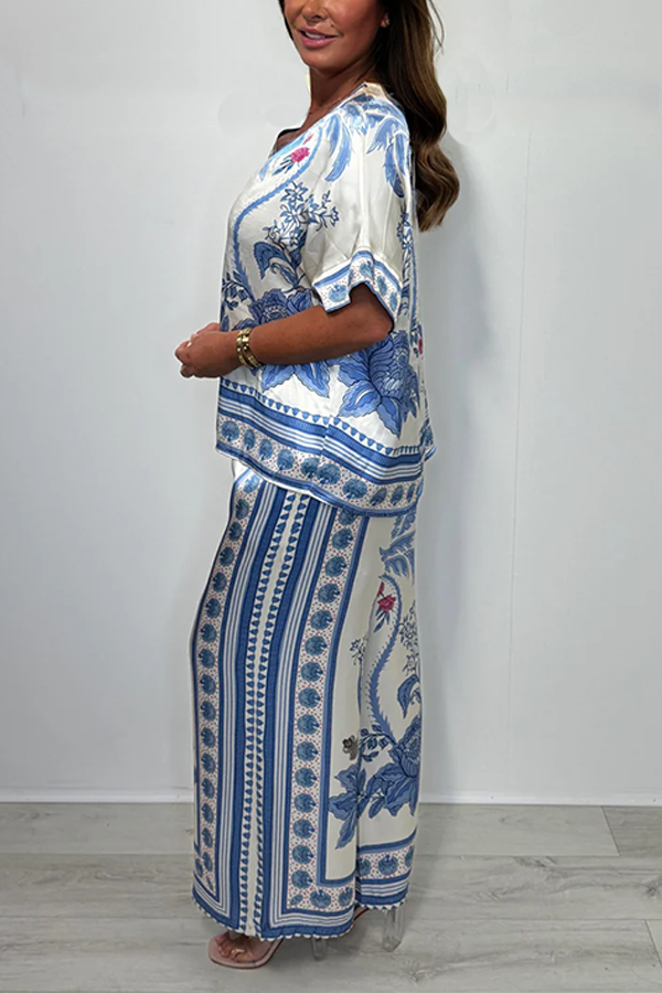 Satin Flower Printed V-Neck Short Sleeve Top & Trouser Co-Ord