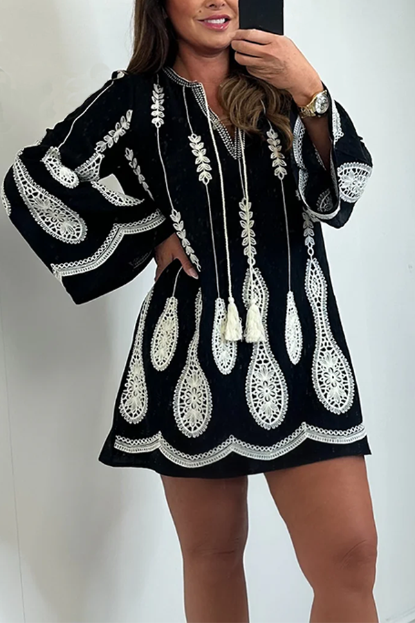 V-Neck Embroidery Tassel Detail Mini Dress