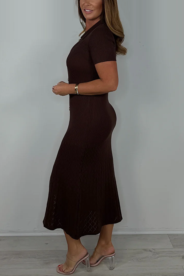 Ribbed Collared Gold Button Front Split Maxi Dress