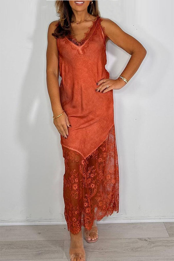 V-Neck Lace Trim Maxi Dress