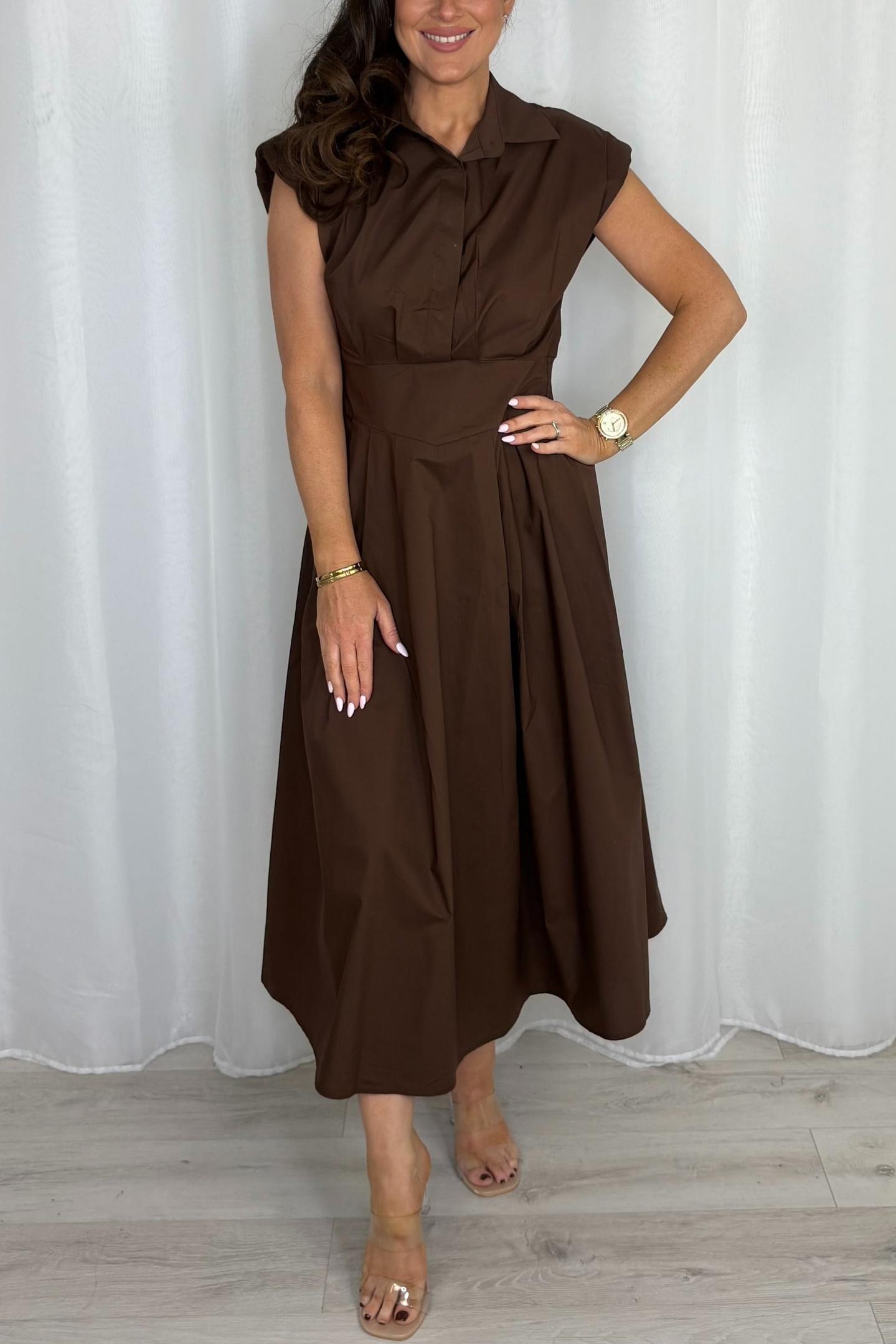 Shoulder Pad Cap Sleeve Midi Dress
