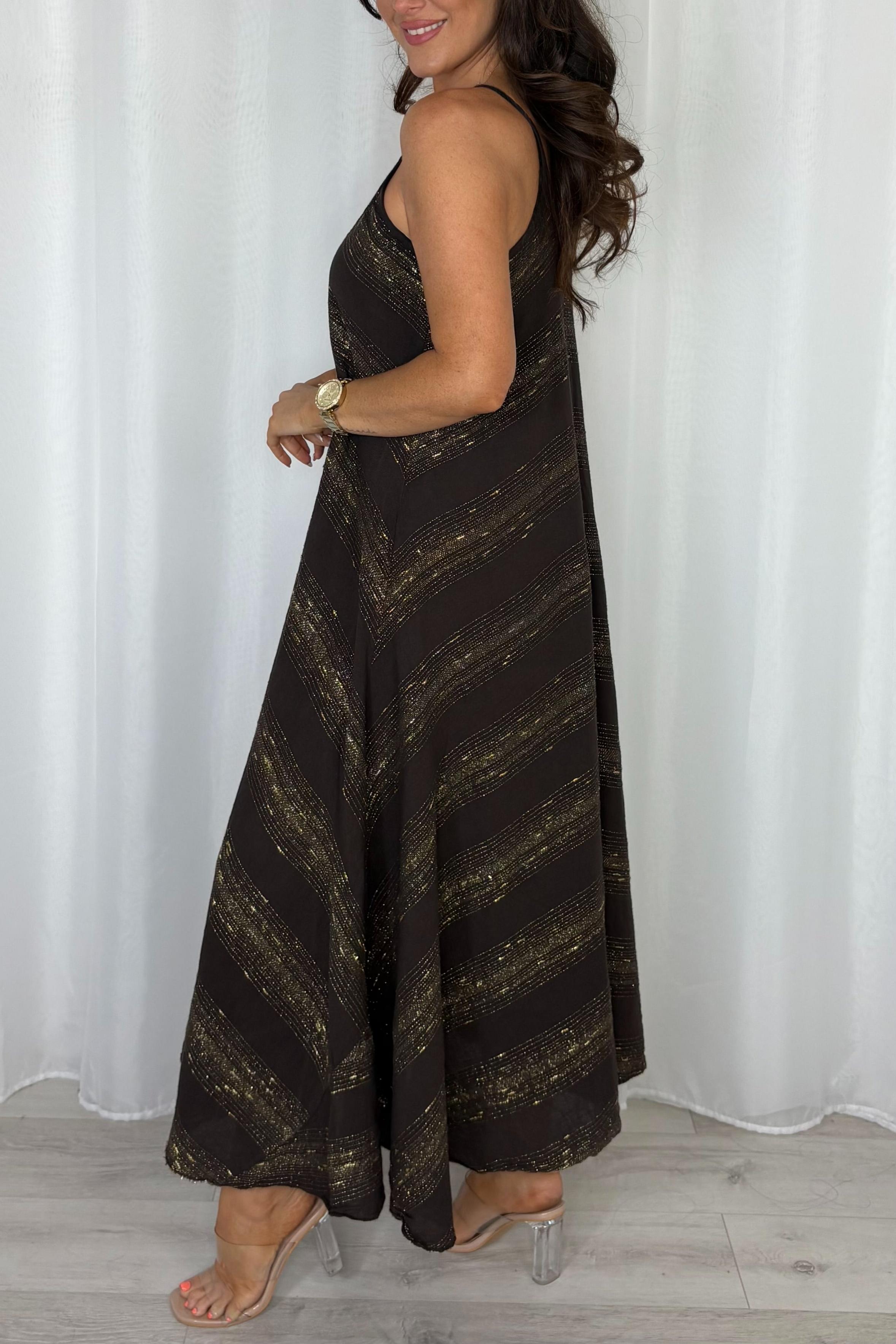 V-Neck Strap Gold Fleck Maxi Dress