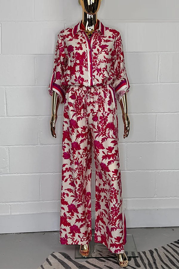 Fuchsia & Cream Flower Print Button Up Shirt Co-ord