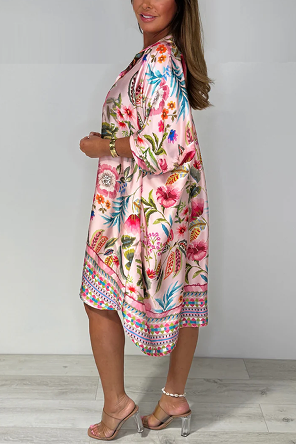 Multicoloured Flower/Leaf Print Silky Oversize Dress