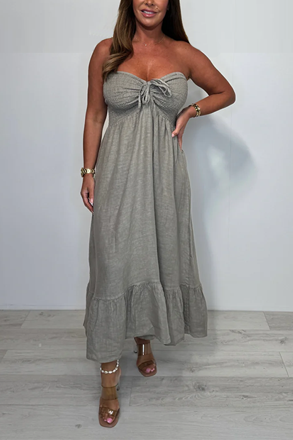 Linen Smocked Bardot Maxi Dress
