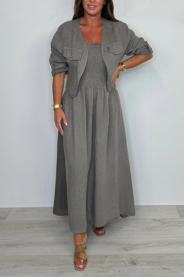 Linen Smocked Dress With Over Jacket
