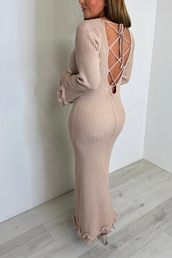 Biscuit Ribbed Cross Back Detail Bell Sleeve Maxi Dress