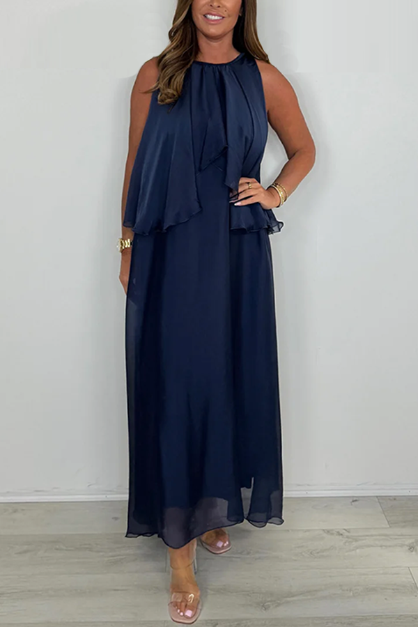 Silk Mix Sleeveless Tie Neck Waterfall Maxi Dress