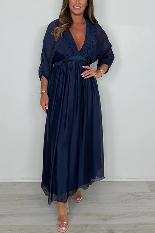 Smocked V-Neck Detail Long Sleeve Maxi Dress