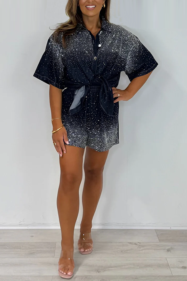 Scattered Diamante Button Up Collared Shirt & Shorts Co-Ord