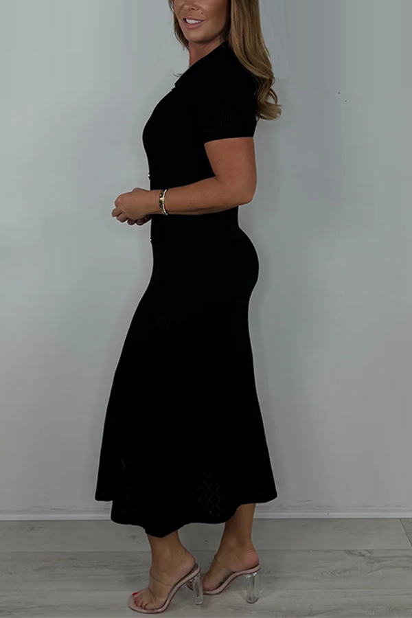 Ribbed Collared Gold Button Front Split Maxi Dress