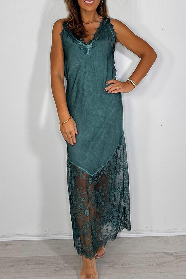 V-Neck Lace Trim Maxi Dress