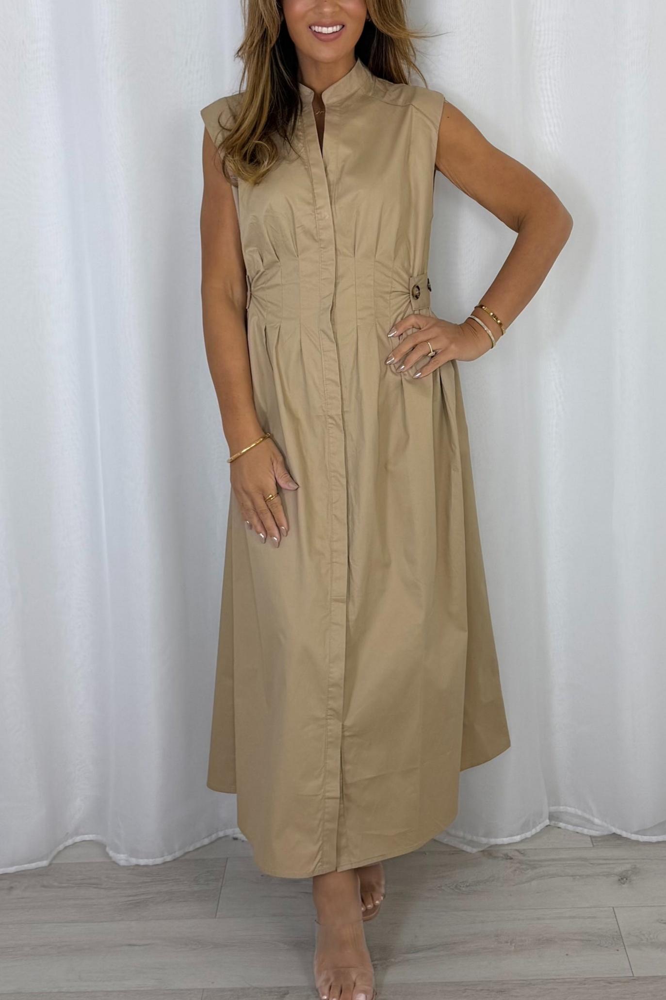 Grandad Collar Cinched Pleated Waist Dress