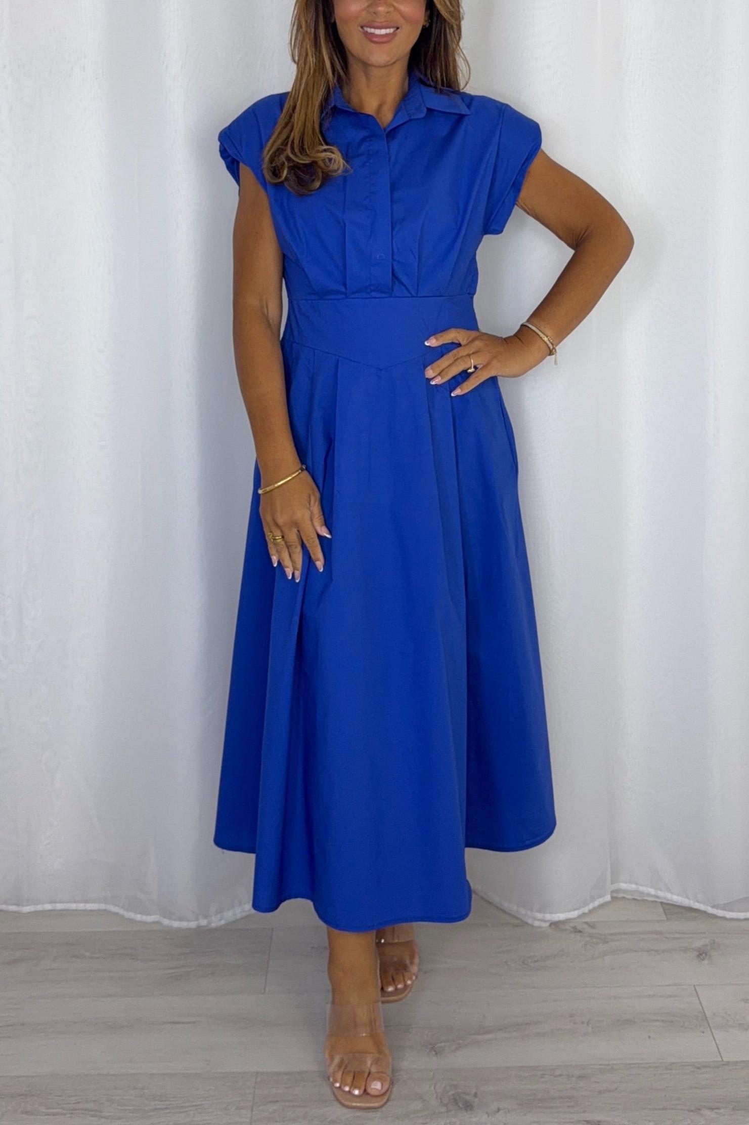 Shoulder Pad Cap Sleeve Midi Dress