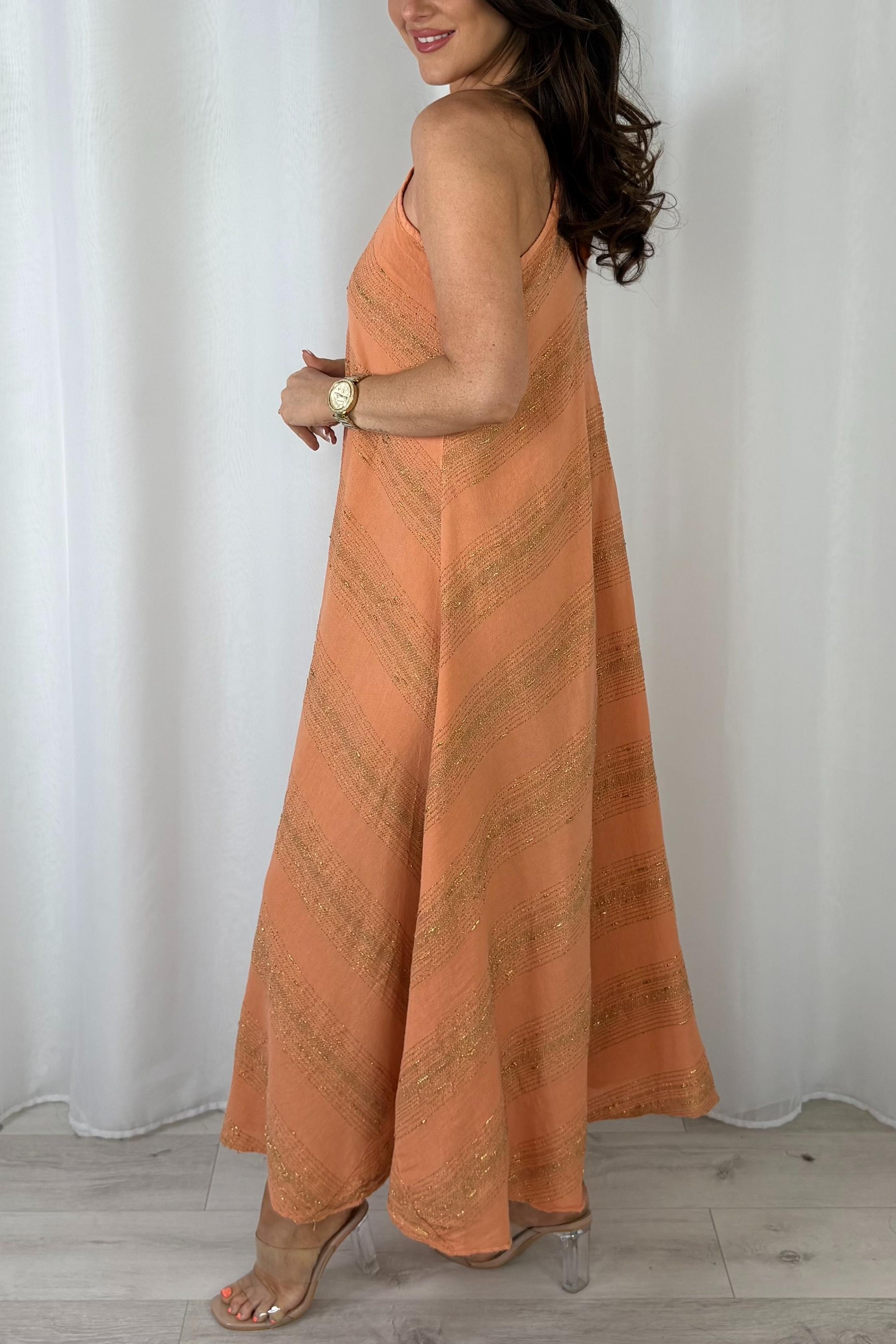 V-Neck Strap Gold Fleck Maxi Dress