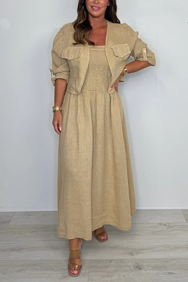 Linen Smocked Dress With Over Jacket