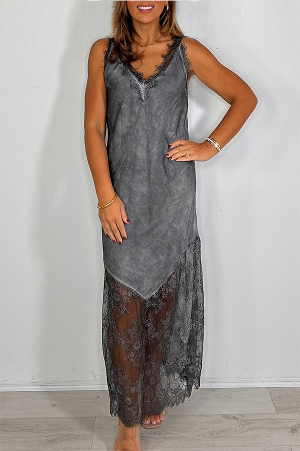 V-Neck Lace Trim Maxi Dress