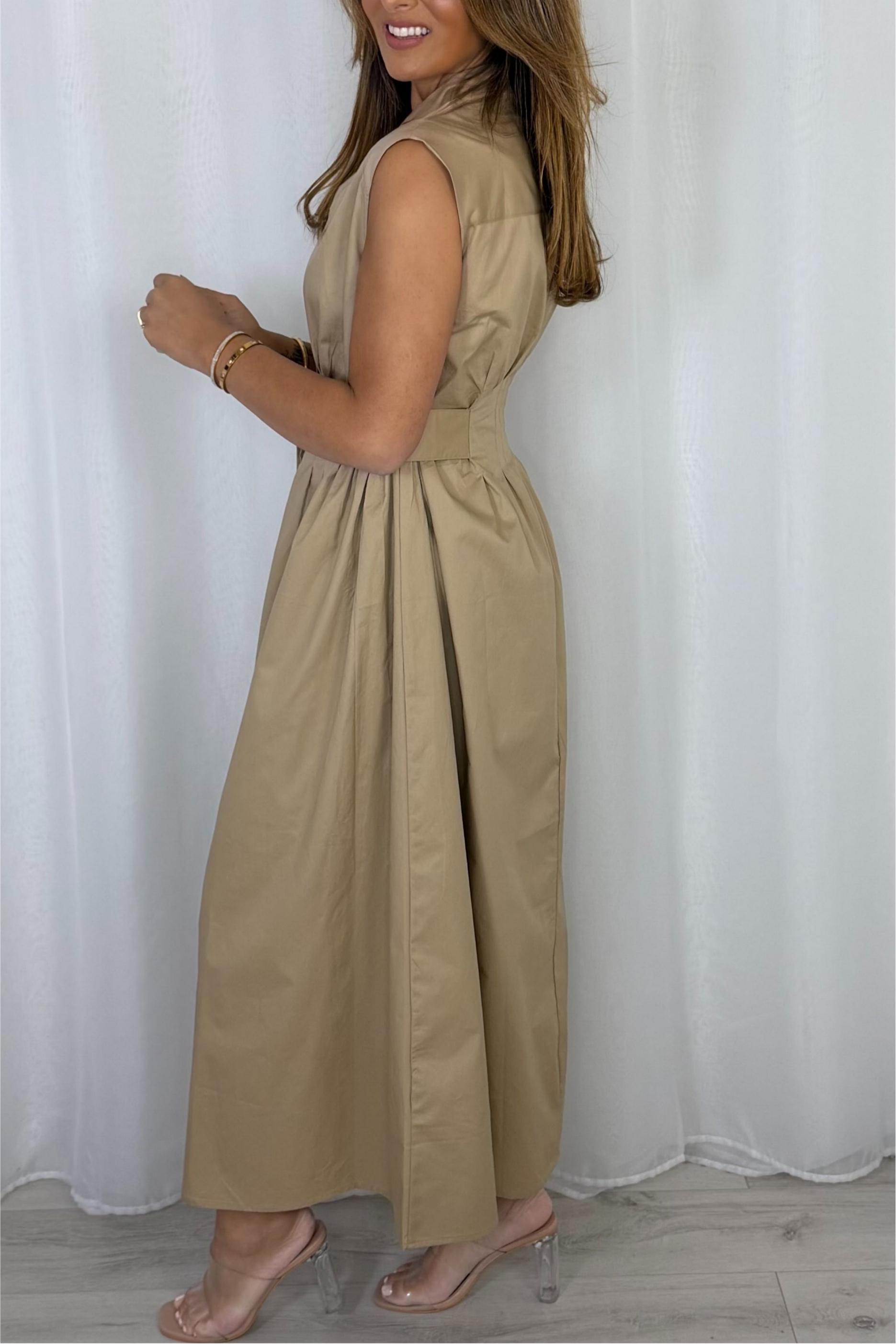 Grandad Collar Cinched Pleated Waist Dress