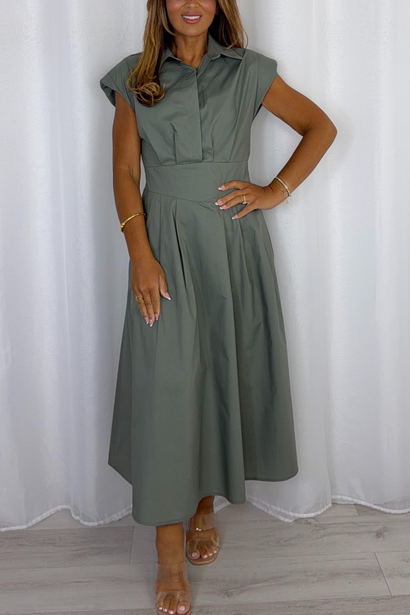 Shoulder Pad Cap Sleeve Midi Dress