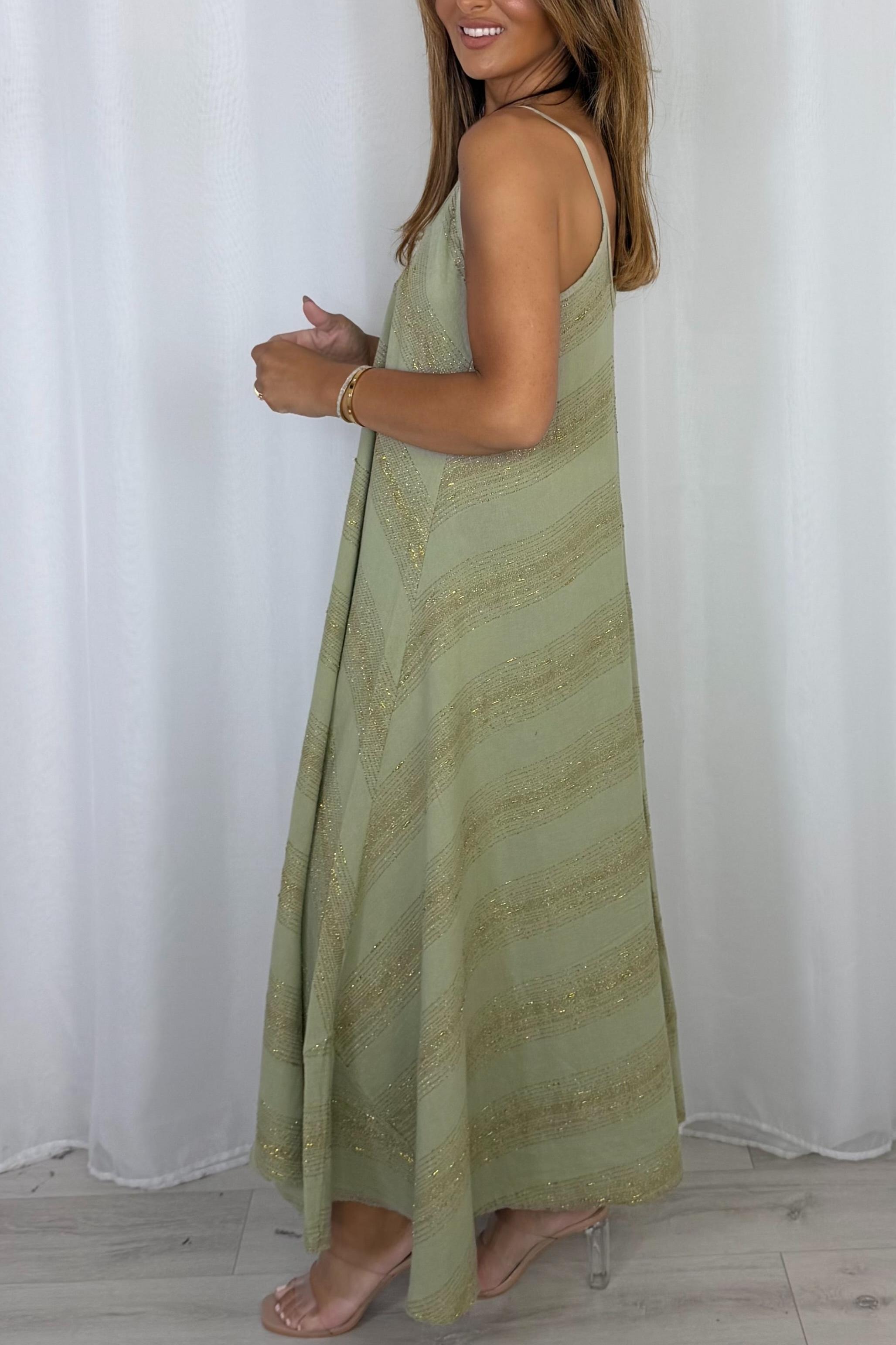 V-Neck Strap Gold Fleck Maxi Dress