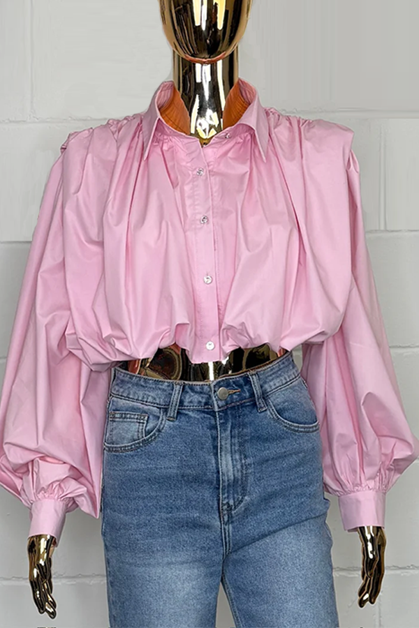 Cropped Balloon Detail Diamante Button Shirt