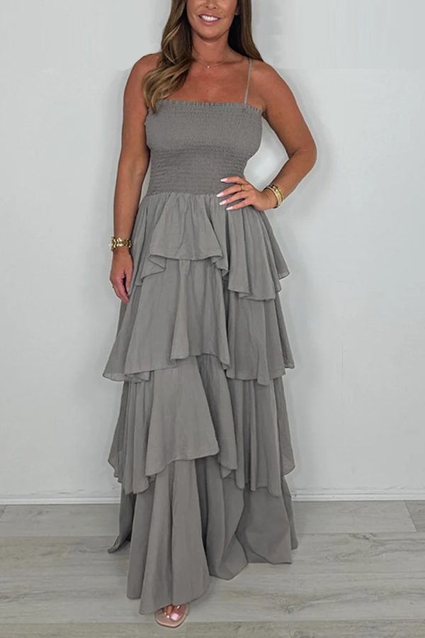 Spaghetti Strap Smocked Layered Bottom Maxi Dress