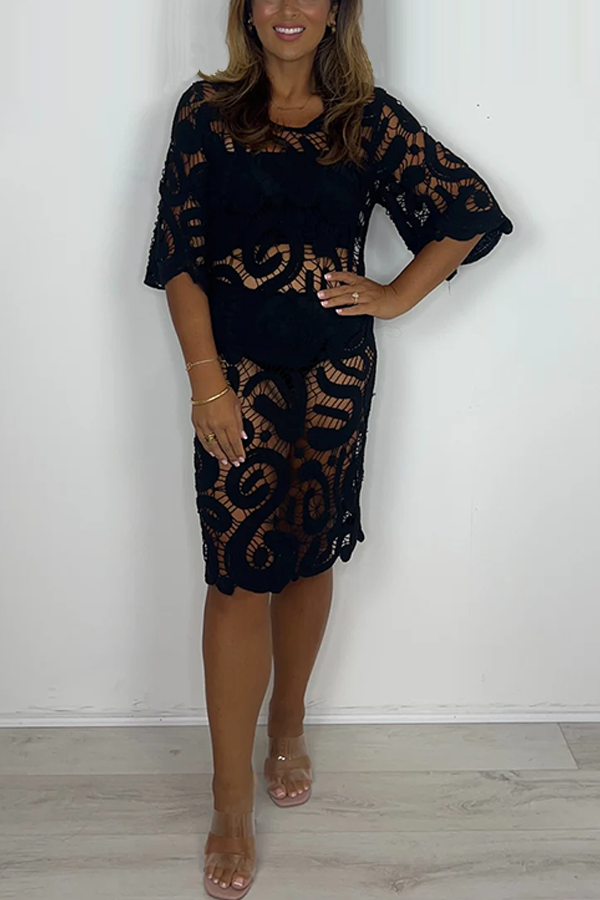 Crochet Scoop Neck 3/4 Sleeve Midi Dress