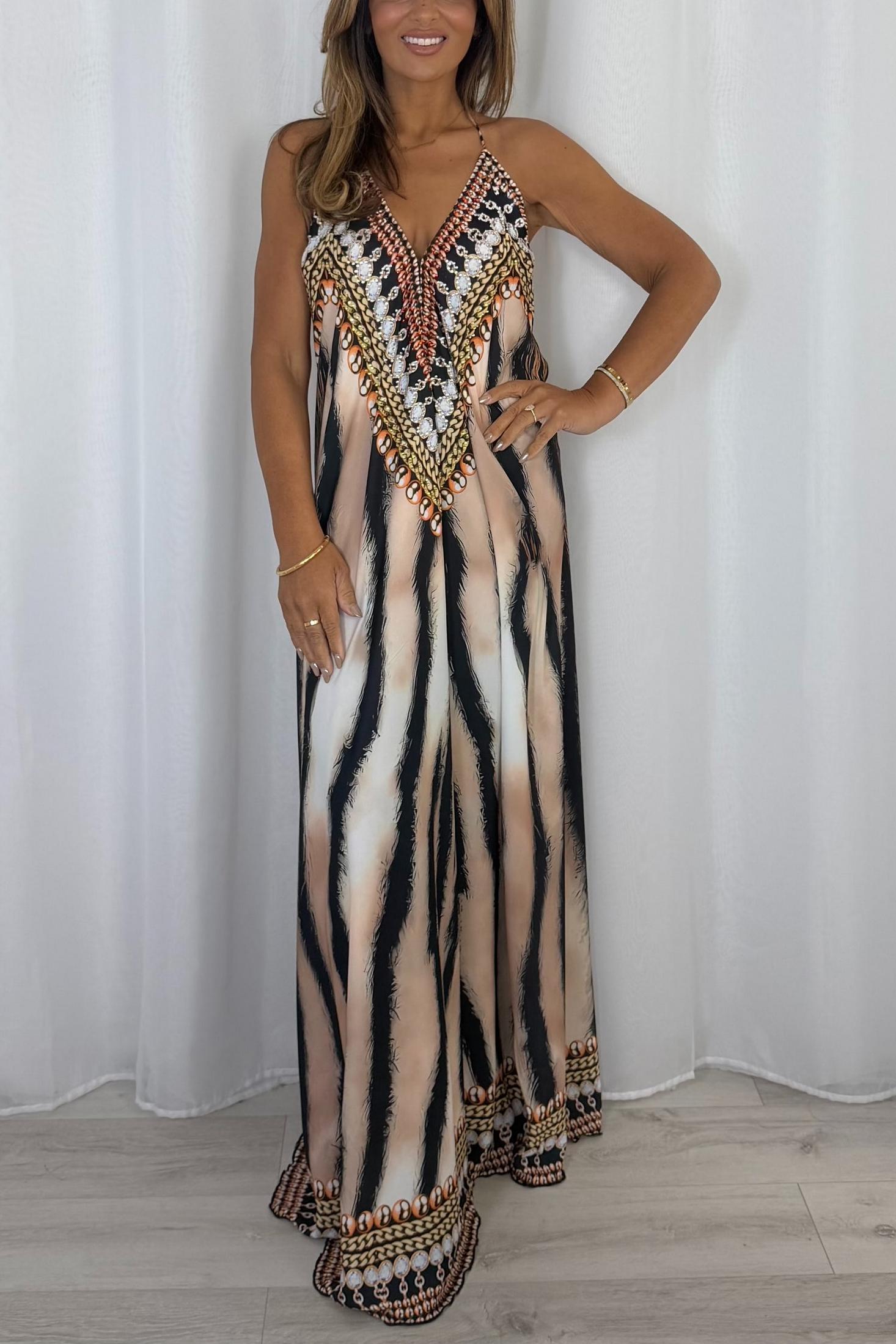 V-Neck Jewelled Printed Low Back Maxi Dress
