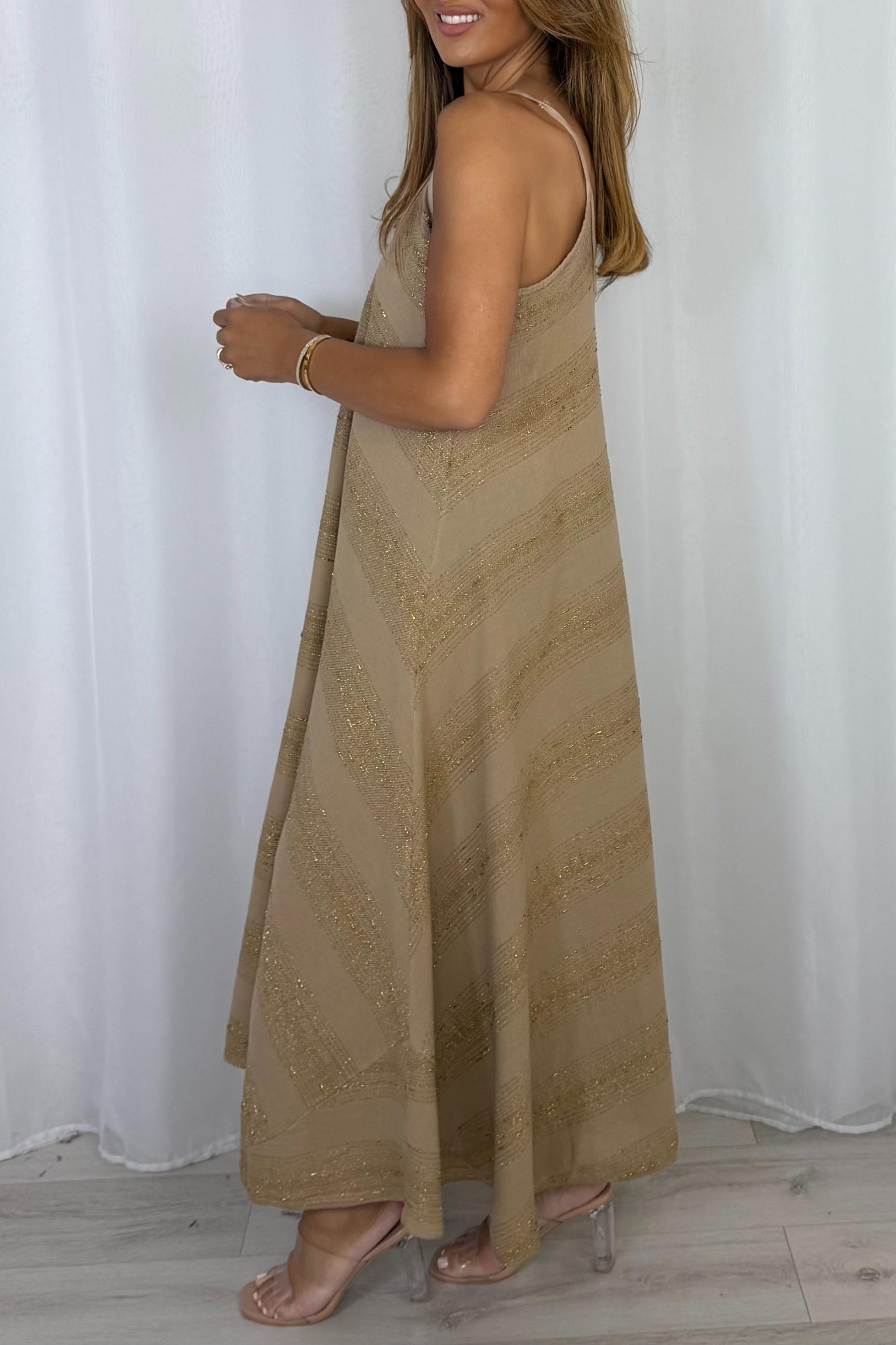 V-Neck Strap Gold Fleck Maxi Dress