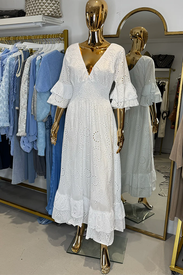 V-Neck Embroidery Anglaise Maxi Dress