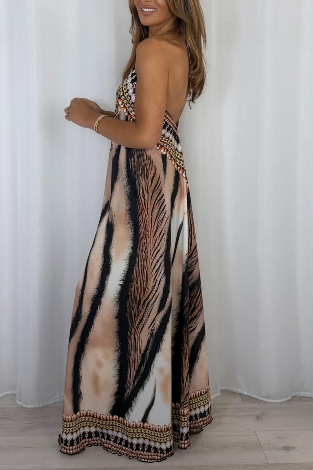 V-Neck Jewelled Printed Low Back Maxi Dress
