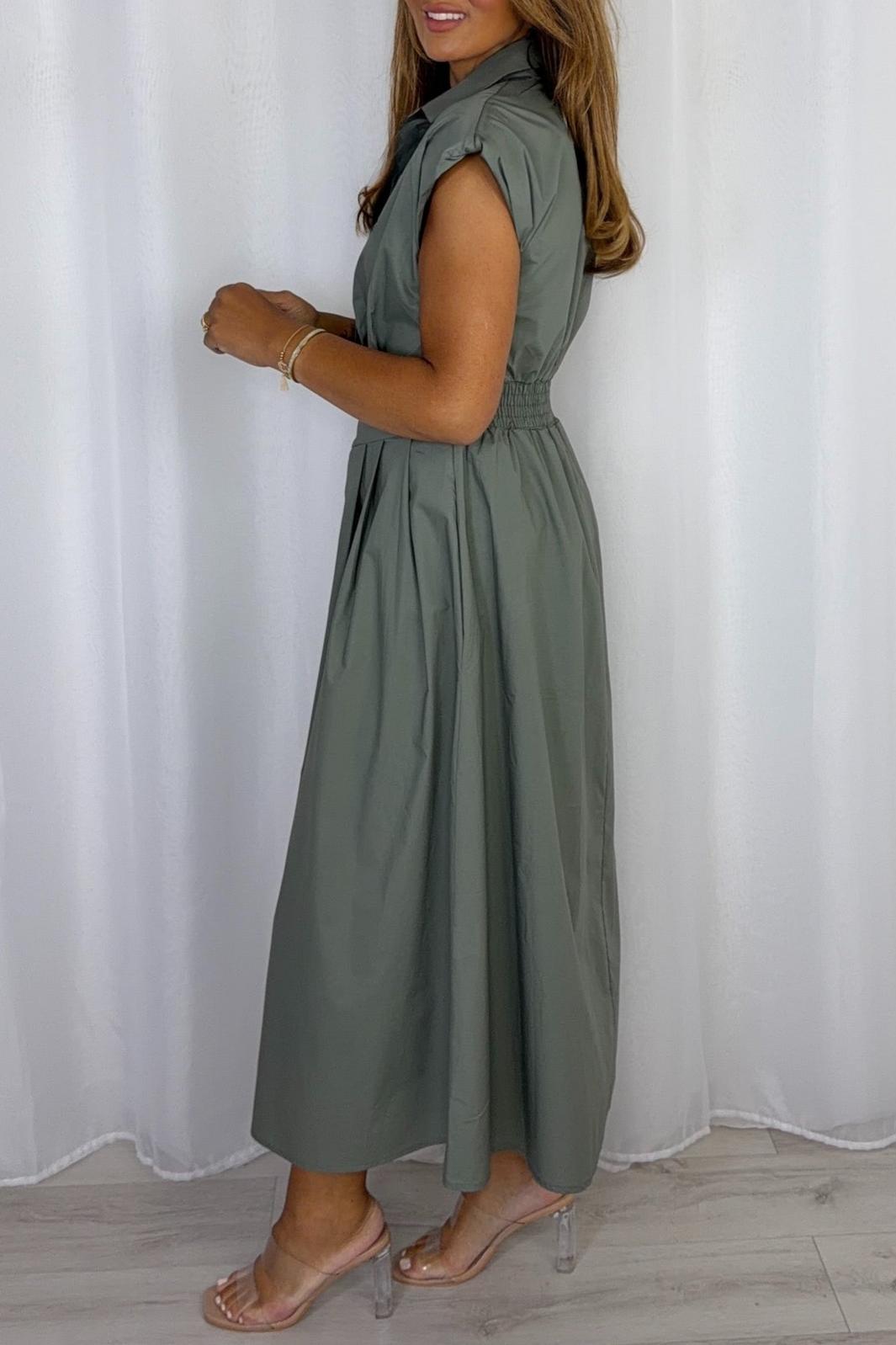 Shoulder Pad Cap Sleeve Midi Dress