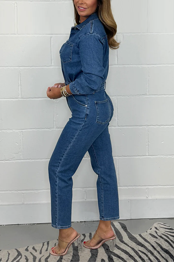 Denim Long Sleeved Jumpsuit With Buttons