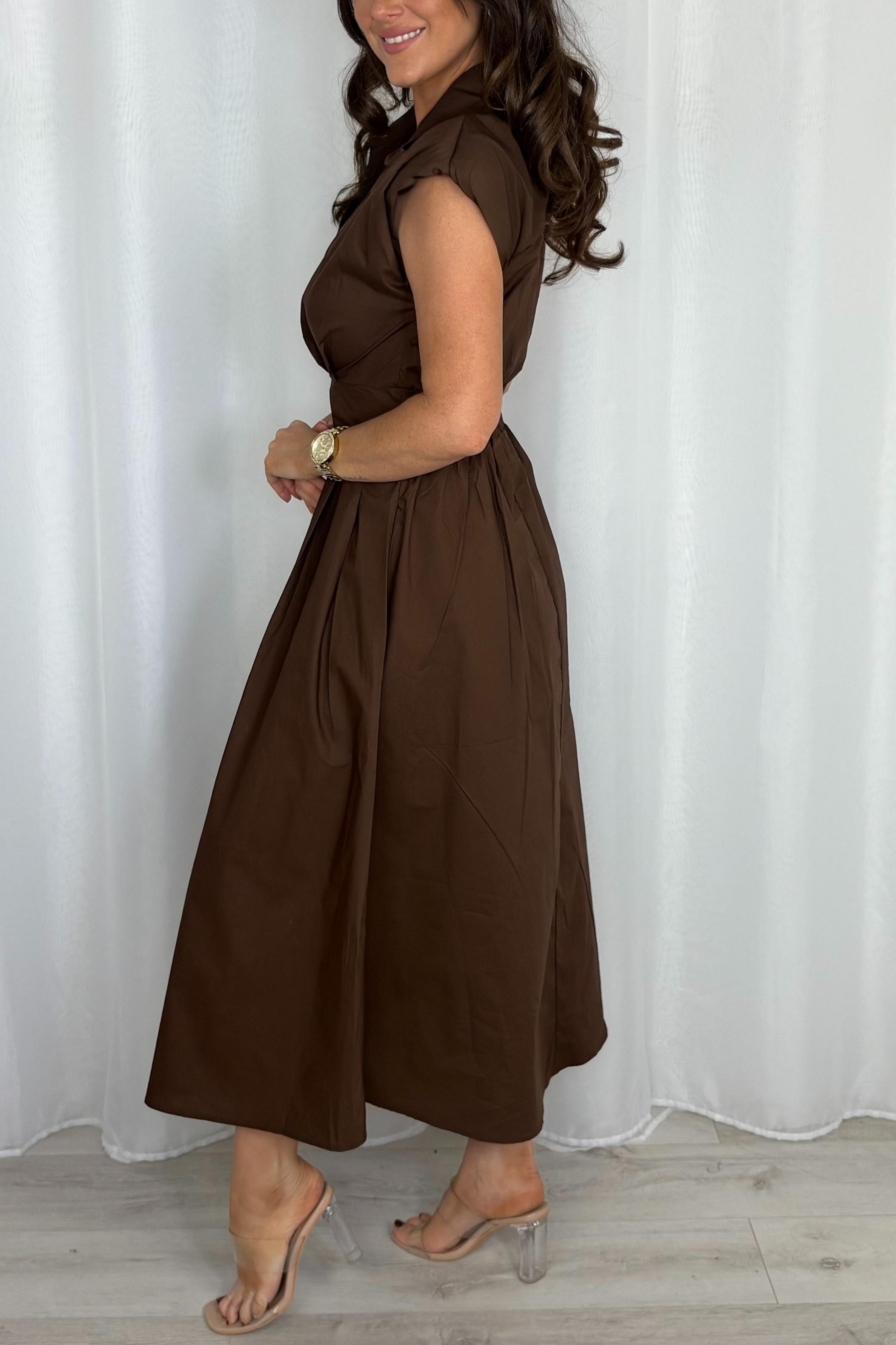 Shoulder Pad Cap Sleeve Midi Dress