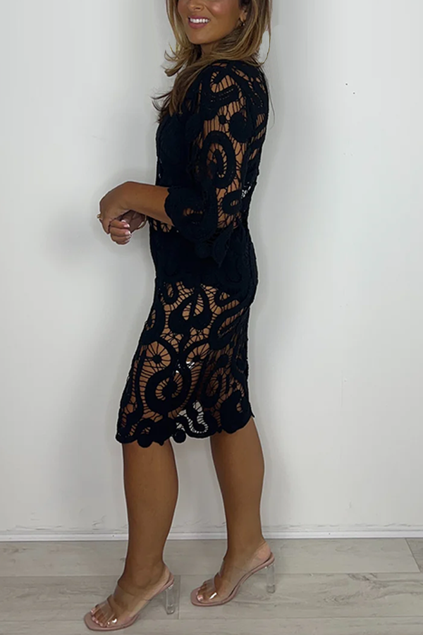 Crochet Scoop Neck 3/4 Sleeve Midi Dress