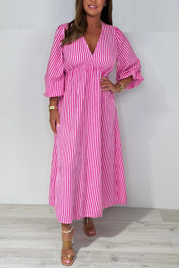 V-Neck Tie Up Striped Maxi Dress